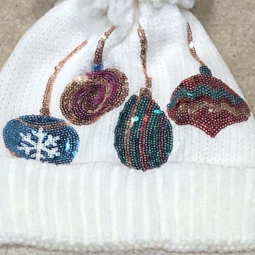 (NWT) Charter Club Women's White Festive Sequined Mixed Baubles Beanie OSFM - Picture 3 of 7